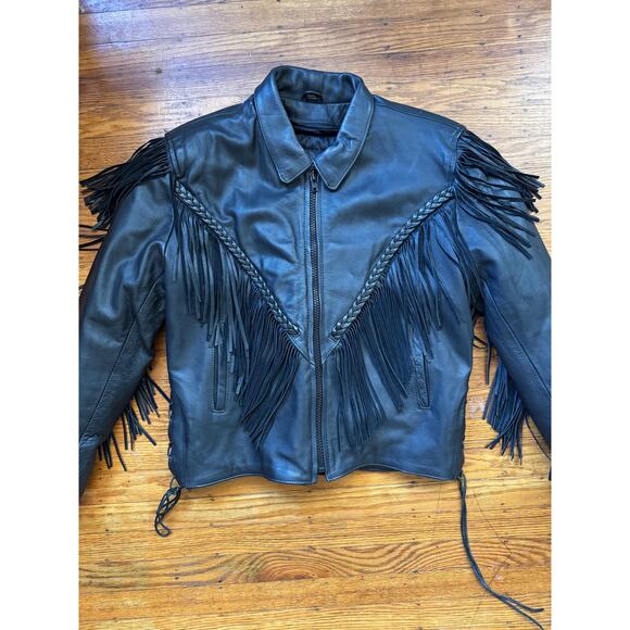 Black Leather Women's Fringe Mororcycle Jacket, Size XL - Picture 9 of 9